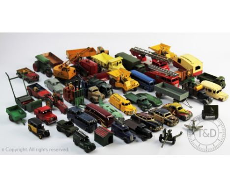 A collection of loose Dinky die cast toy vehicles, to include a 10 ton army truck, a Blaw Knox Buldozer and a 965 Euclid rear