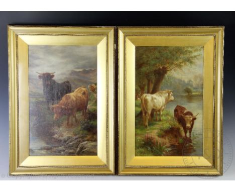 Basil Bradley (1842-1904), Pair of oils on canvas, Highland cattle by a river, Signed and dated 1886, 40cm x 24.5cm, Framed a