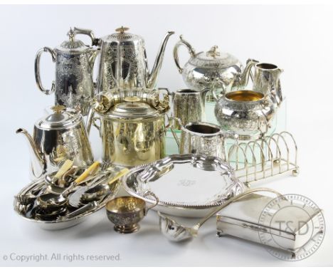 An assorted selection of 19th century and later silver plated wares to include; a Walker & Hall waiter, a six division toast 