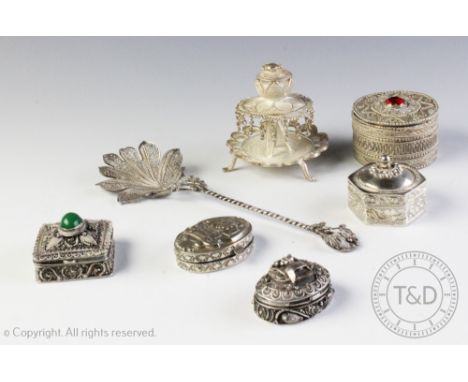 A collection of assorted Eastern white metal items to include five boxes and covers, with filigree and cabochon detailing, la