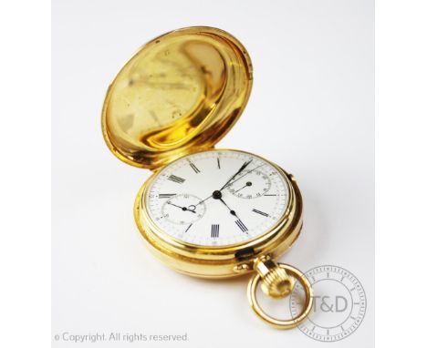 A Continental 18K full hunter pocket watch and stopwatch, the case engraved with rampant lion crest and motto 'Semper Meliora