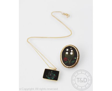 A Derbyshire type micro mosaic brooch within yellow metal surround and an opal frgament pendant with boat design stamped '9ct