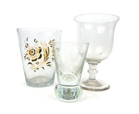 Two pieces of 18th century glassware with one other to include an early 18th century continental posset glass featuring an en