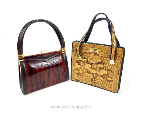 A c1960's ladies python skin handbag, 23 x 26 x 5cm, together with a vintage ladies faux tortoiseshell handbag with a brown s