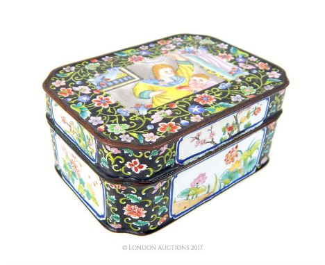 A Chinese export ware enamelled box, hand painted with pictorial reserves, the reserve to the lid painted with a mother and c