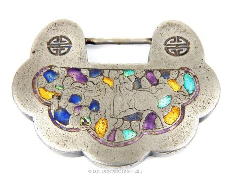 A 19th century, Chinese, silver and enamel Ruyi-shaped lock pendant, depicting a scene of two figures in a landscape with a t