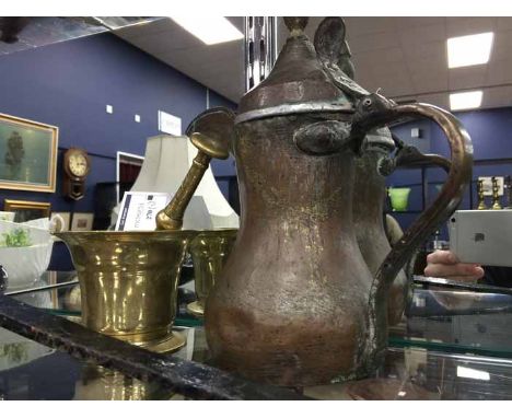 18TH CENTURY BRASS MORTAR AND PESTLE
together with a large cast iron cooking ladle painted black and an Arabic metal coffee p