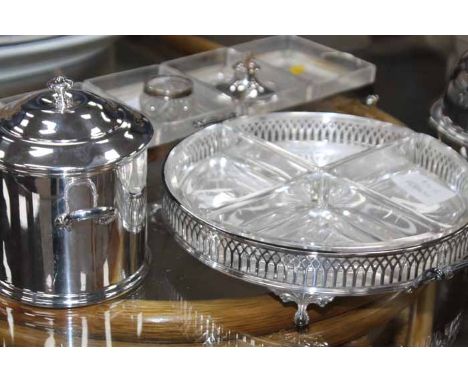 PLATED THREE PIECE TEA SERVICE 
also a muffin dish, biscuit barrel and two hors d'ouvers dishes
