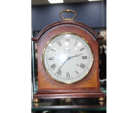 MAHOGANY MANTEL CLOCK, MAHOGANY CANDLE STICK, PAIR OF BRASS CANDLE STICKS, DECORATIVE INK STAND AND A PAIR OF BINOCULARS 