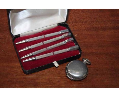 SET OF SILVER AND ENAMEL BRIDGE PENCILS
and a white metal compass