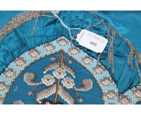 BEADWORK AND WOOL ON SILK FIRESCREEN PANEL