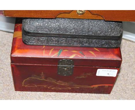 MODERN JAPANESE LACQUERED TEA CADDY
together with a Chinese glove box and another engraved hinged box (3)