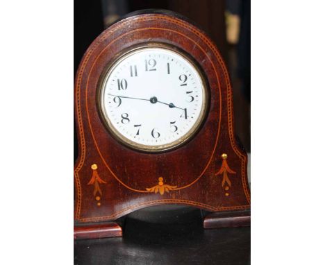 EDWARDIAN MAHOGANY INLAID MANTEL CLOCK 
circular dial with Arabic numerals, with platform escapement, 19cm heigh 