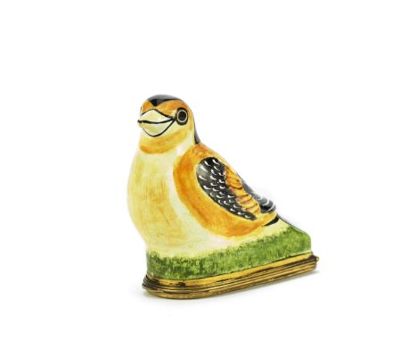 A South Staffordshire enamel bonbonniere, circa 1770-80Modelled as a comical bird with its plumage picked out in ochre and bl