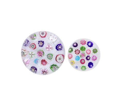 A Clichy 'chequer' paperweight and a spaced millefiori weight, circa 1850The central pink and green 'Clichy Rose' canes withi