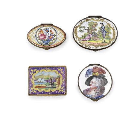 Three South Staffordshire enamel boxes, late eighteenth and early 19th centuryWith gilt metal mounts, comprising a rectangula