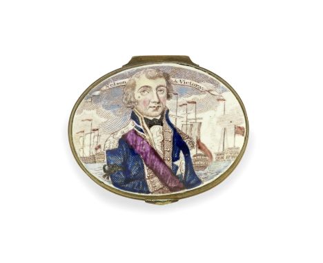 A South Staffordshire enamel box of Nelson interest, circa 1806-10Of oval shape, the hinged cover with a hand-coloured print 