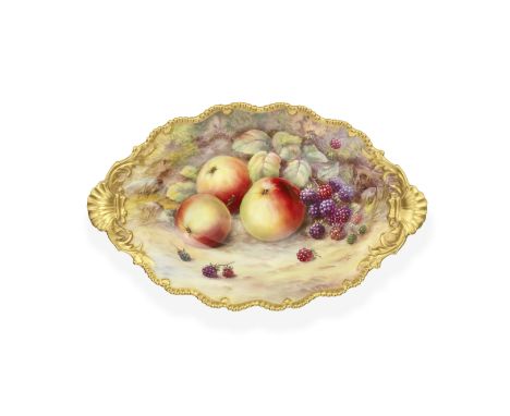 A Royal Worcester 'painted fruit' comport by Thomas Lockyer, dated 1926Of shaped oval form with a gilded gadrooned rim, paint