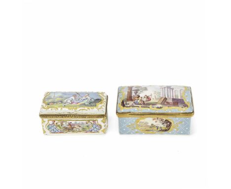 Two South Staffordshire enamel snuff boxes, circa 1770Of rectangular form, one finely painted with two figures in a classical