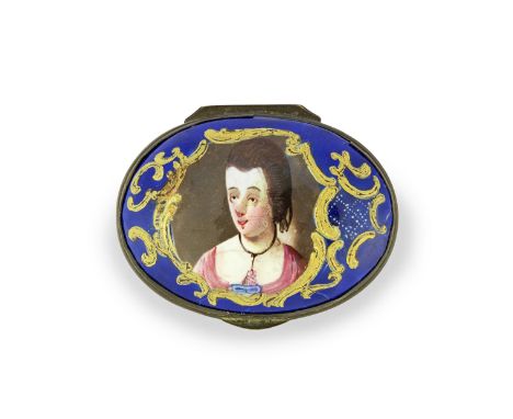 A South Staffordshire enamel patch box, circa 1770Of oval shape, the hinged cover painted with a portrait of a lady, probably