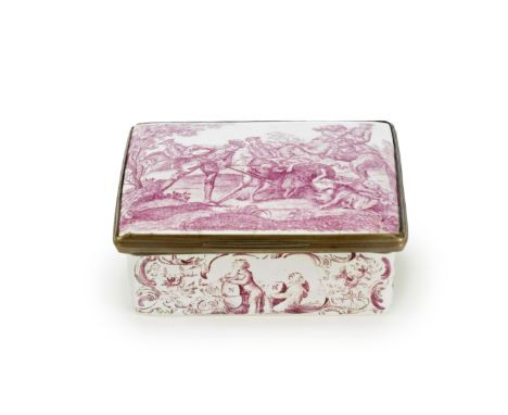 A rare Battersea enamel snuff box, circa 1755Of rectangular form with a hinged gilt metal mount, the cover printed in puce wi