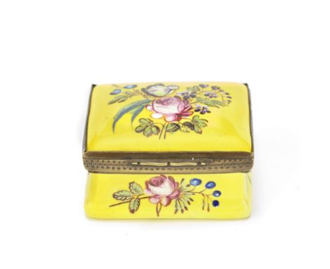 A South Staffordshire enamel snuff box, circa 1775Of rectangular form with hinged gilt metal mounts,  painted with a floral s