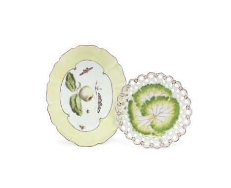 A Derby stand and a 'spectacle' plate, circa 1758-62The stand of shaped oval form, painted in 'Moth Painter' style with an ap