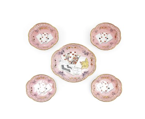 A rare set of five South Staffordshire enamel counter trays, circa 1770Of pierced oval form, the larger painted in the centre