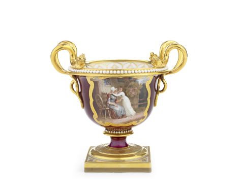 A Flight, Barr and Barr vase, circa 1820-25With entwined snake handles picked out in gold and a square foot decorated with a 