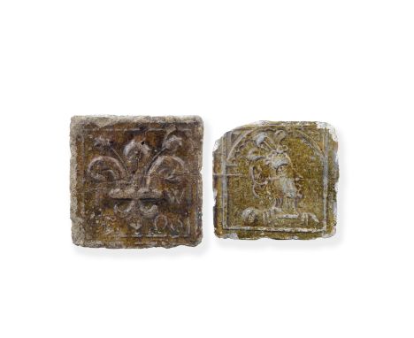 Two rare North Devon pottery tiles, Barnstaple, one dated 1708Decorated in relief with an olive-brown glaze, one by Thomas Wi
