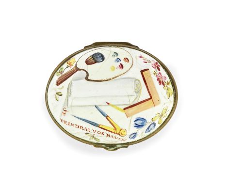 A South Staffordshire enamel box, circa 1770Of oval shape, the domed cover embossed with emblems of the Arts, comprising a se
