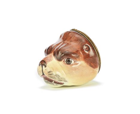 A large Birmingham or South Staffordshire enamel bonbonniere, circa 1760-65Modelled as the head of a lion, its mouth open to 