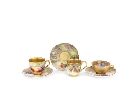 Three Royal Worcester miniature cups and saucers, dated 1916-18Comprising a rare coffee cup and saucer charmingly painted by 