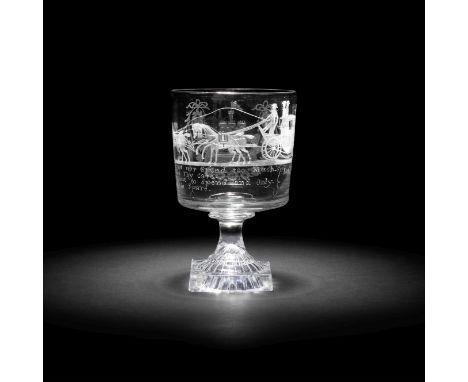 An engraved coaching rummer of Wellington interest, circa 1810-20Possibly Newcastle-upon-Tyne, the bucket bowl decorated with