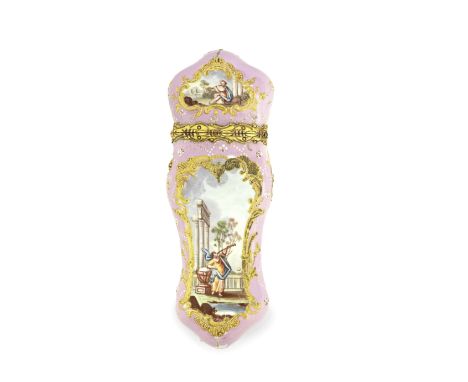 A South Staffordshire enamel etui, circa 1770Of ornate rococo form with light relief-moulded scrolled panels, the hinged gilt