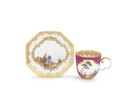 A Derby cup and saucer, circa 1775-87Made as a replacement or matching for a Meissen service of around 1735 and of octagonal 