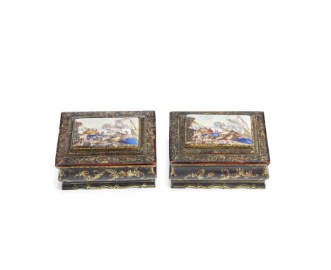 A pair of rare tinplate caskets and covers mounted with Birmingham enamel plaques, circa 1755Of rectangular form with shaped 