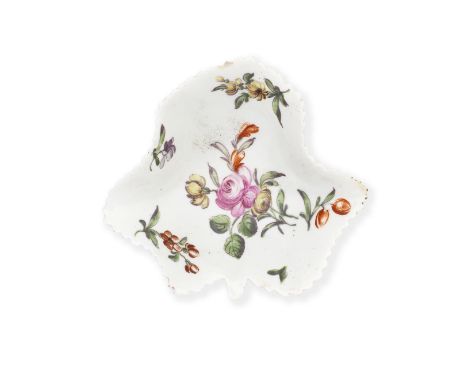 A very rare Worcester pickle dish, circa 1757-58Modelled in the shape of a vine leaf with a serrated rim, the underside crisp