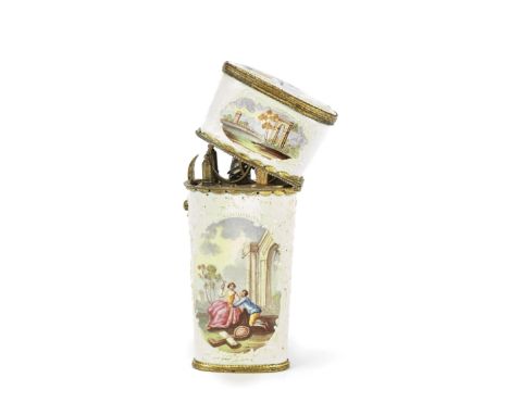 A South Staffordshire enamel etui, circa 1770Of tapering form with gilt metal mounts, the hinged cover opening to reveal a fu