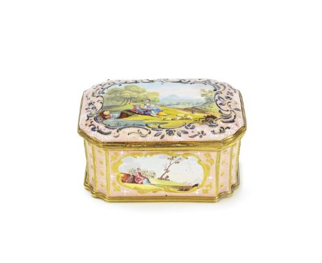 A South Staffordshire enamel box, circa 1770Of rectangular form with a hinged gilt metal mount, fluted corners and an attract