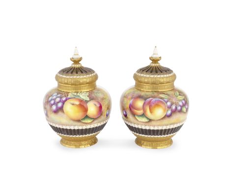 A pair of Royal Worcester fruit 'Painted Fruit' vases and covers by Brian Leaman, circa 1970Of globular form, the lower secti