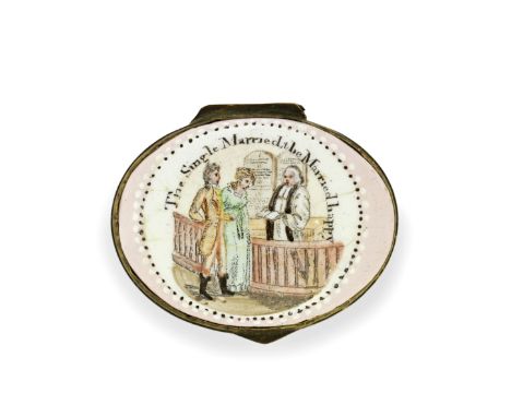 A rare South Staffordshire enamel patch box, circa 1815-20Of oval form, the hinged cover printed in outline and hand-coloured