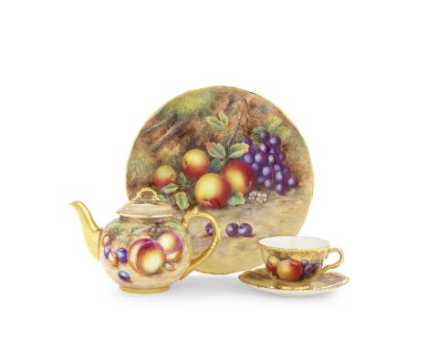 A Royal Worcester 'painted fruit' teapot and cover, plate, teacup and saucer, dated 1938 and laterThe teapot and cover profus