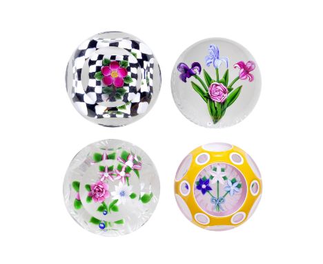 A Ray Banford bouquet paperweight and three faceted weights by John Deacons, one dated 2002The first with a formal arrangemen