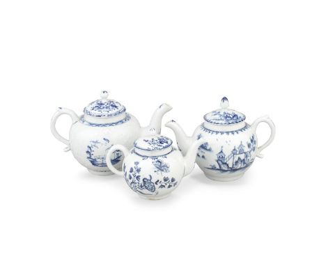 Three Lowestoft teapots and covers, circa 1761-68The largest of Hughes-type with foliate relief-moulded panels incorporating 