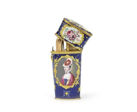 A South Staffordshire enamel etui, circa 1765-70Of tapering form with gilt metal mounts, the hinged cover opening to reveal a