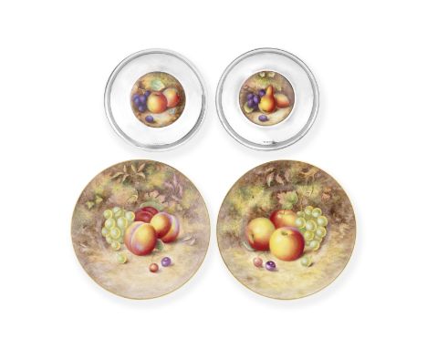 Two Royal Worcester 'painted fruit' silver-mounted dishes by William Bee and a pair of plates by Harry Ayrton, dated 1928/9 a
