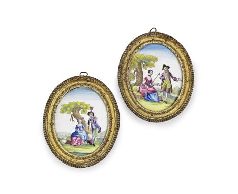 A pair of South Staffordshire enamel plaques, circa 1780Of upright oval form, printed in outline and hand-coloured with a she