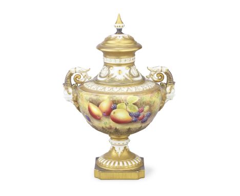 A Royal Worcester 'Painted Fruit' vase and cover by Brian Leaman, circa 1970Of classical form with twin scrolled handles, ful