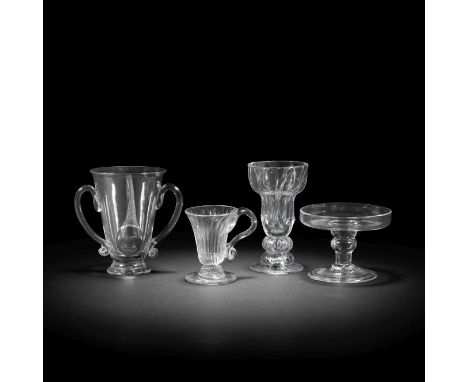 A posset glass, two jelly or syllabub glasses and a patch stand, circa 1730-60The posset with two trailed loop handles and a 